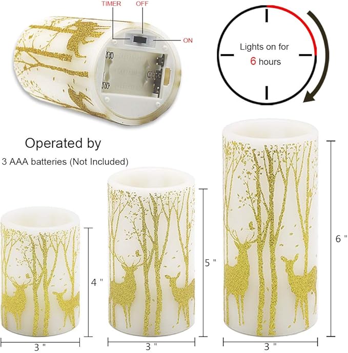 Gold Deer Flameless Candles with 6H Timer, Set of 3 Real Wax LED Flickering Candles, Christmas Pillar Candles with Gold Elk Decor for Home Party Decorations(H6 x D3)-VerdiqueGarden