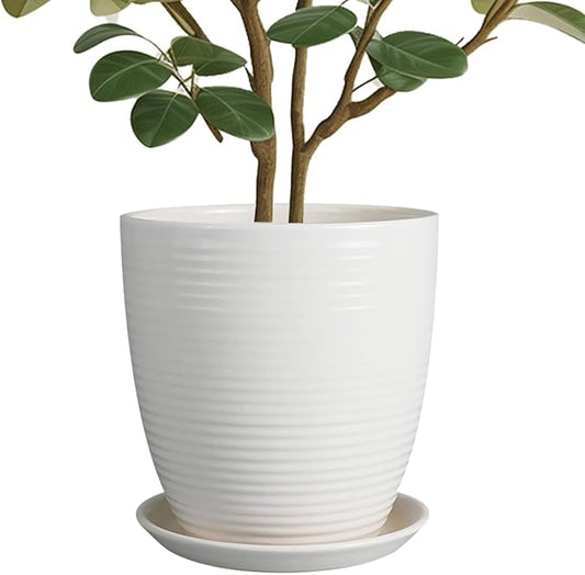 10 Inch Ceramic Planter Pot Large Plant Pot with Drainage Hole and Saucer Modern Round Flower Pot for Indoor Outdoor Plants Garden Pot White-VerdiqueGarden