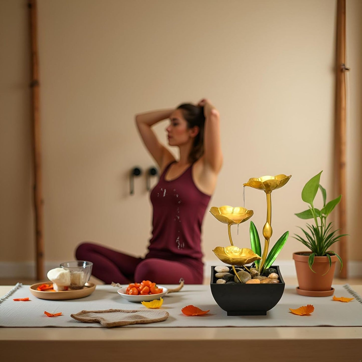 Gold Tabletop Water Fountain, Desktop Waterfall, Indoor Lotus Desktop Decorative Fountain, Home Bathroom Bedroom Decor.-VerdiqueGarden