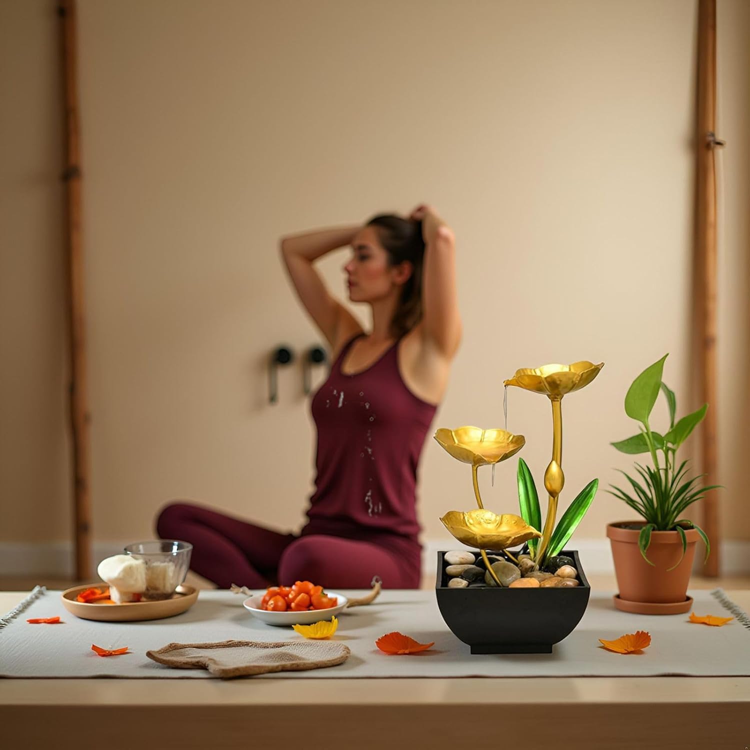 Gold Tabletop Water Fountain, Desktop Waterfall, Indoor Lotus Desktop Decorative Fountain, Home Bathroom Bedroom Decor.-VerdiqueGarden