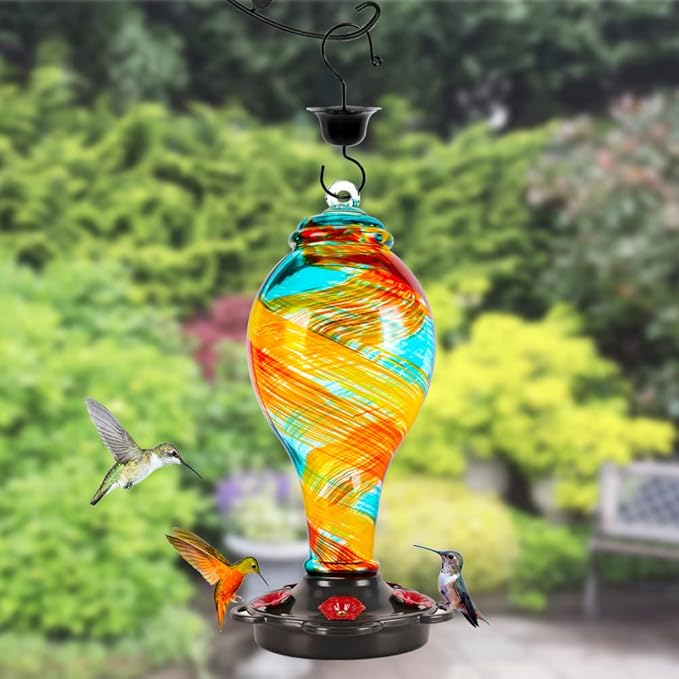 LUJII Hand Blown Glass Hummingbird Feeder for Outdoors Hanging with Ant Moat, 36 fl.oz, Leak Proof & Rustproof, Metal Base with 5 Feeding Ports & 5 Perches, Unique Garden & Backyard Decor (Ribbon)-VerdiqueGarden