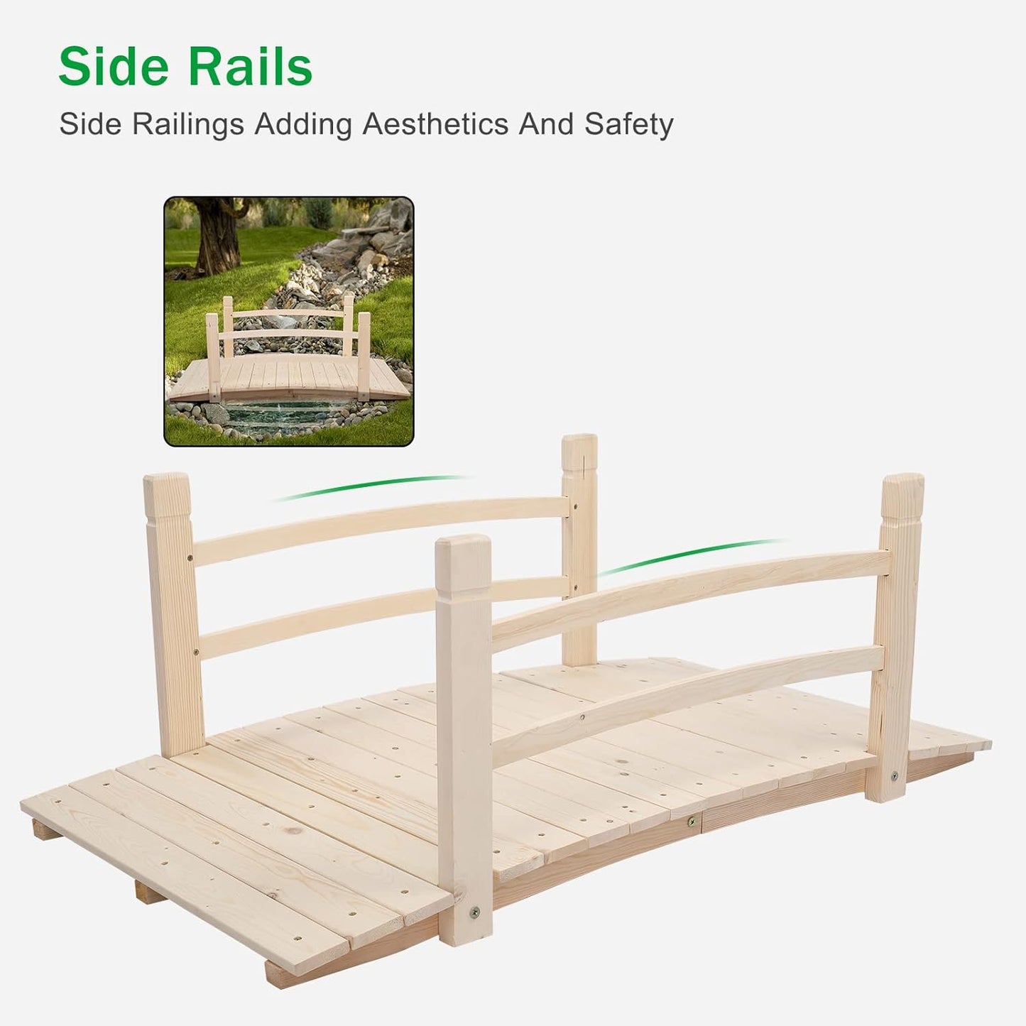 VINGLI 4 ft Garden Bridge, Arch Walkway Wooden Bridge with Safety Rails Natural Finished, Decorative Landscaping Footbridge for Koi Pond, Dry Creek Bed, Garden Pathway or Japanese Zen Decor-VerdiqueGarden