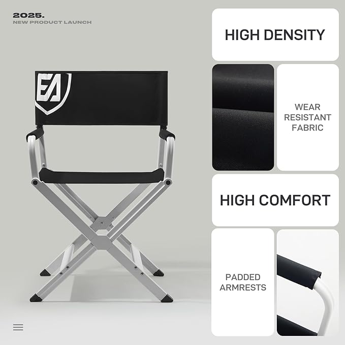 EVER ADVANCED Aluminum Directors Chair, Folding Studio Movie Chairs Camping Event Vendor Chair, 19" Seat Height Black Fabric/White Frame, Support 350lbs-VerdiqueGarden