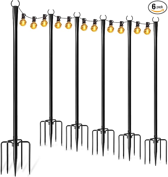 6 Pack String Light Poles for Outside, Thickened Metal Lights Hanger Pole Outdoor with Fork, Lighting Hanging Post Accessories for Patio Decor Garden Backyard Yard Front Porch Outside Decorations-VerdiqueGarden