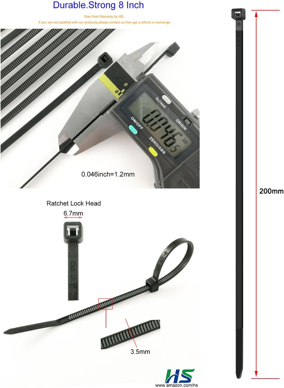 HS Durable Plastic Zip Ties 8 Inch (Bulk-1000 Pack) UV Rated Black Cable Ties 40 Lbs Self-Locking Wire Ties Width 1/8 Inch,Outdoor Purpose-VerdiqueGarden