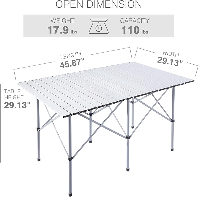 EVER ADVANCED Camping Table, Fold up Lightweight, 4-6 Person Portable Roll up Aluminum Table with Carry Bag for Outdoor, White-VerdiqueGarden