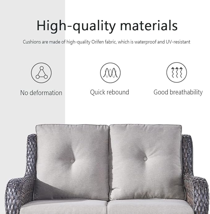 5 Piece Outdoor Patio Furniture Set - Wicker Furniture Patio Conversation Set, Outdoor Swivel Rocker Chairs with Loveseat Sofa and 2 Ottomans for Small Space, Gray Cushion-VerdiqueGarden