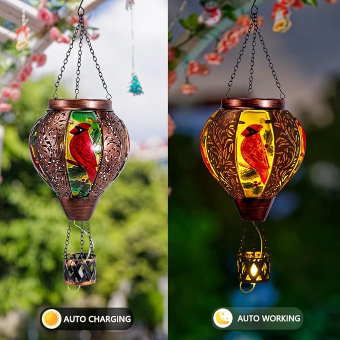 Starsoul Cardinal Hot Air Balloon Solar Lantern with Flame Candle, Hanging Hot Air Balloon Outdoor Solar Lanetrns Waterproof for Garden Patio Yard, Mother's Day Xmas Christmas Woman Gifts-VerdiqueGarden