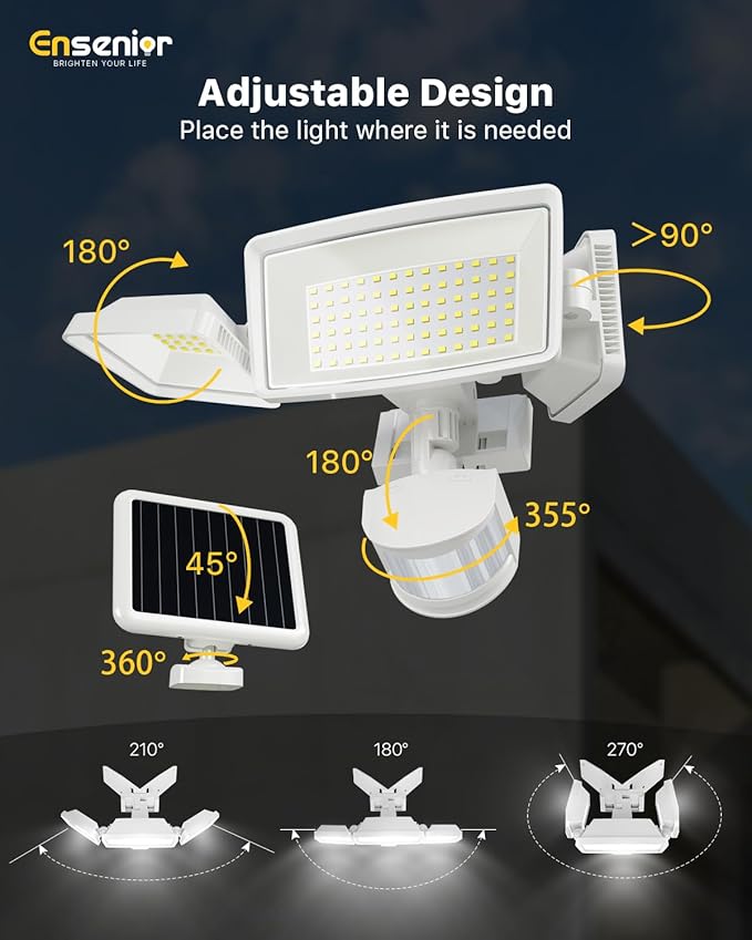 Ensenior 1800LM Solar Flood Lights Outdoor, Motion Sensor Outdoor Light 6500K, IP65 Waterproof, Separate Solar Panel, Solar Security Light with 5 Sensor Modes and 3 Adjustable Head for Yard (White)-VerdiqueGarden