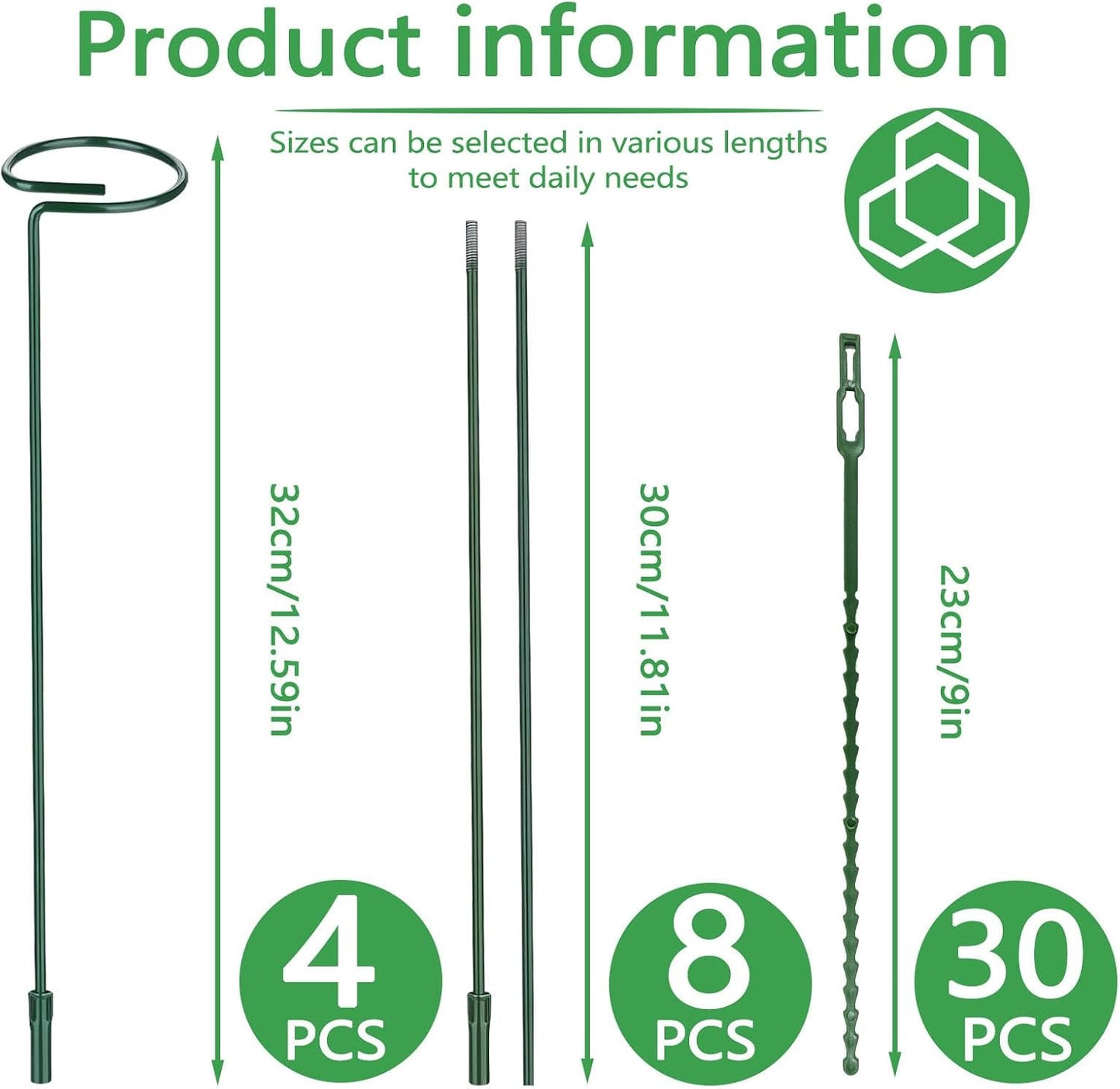 Huakaile 4 Packs Adjustable 35.4" Plant Stakes and Supports with 30 Pieces 9" Twist Ties, Green Plant Holder Stick Outdoor Indoor, Metal Flower Support Stakes Rings for Gardens Vegetables (90 cm)-VerdiqueGarden