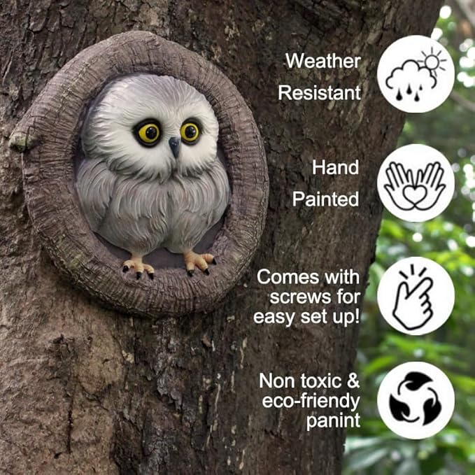 Baby Owl Resin Tree Face, Owlet Tree Hugger, Outdoor Sculpture for Tree Decorations, Whimsical Owl Garden Ornament, Tree Statue Peeker, Patio Yard Lawn Porch Decor, Durable & Waterproof Garden Present-VerdiqueGarden