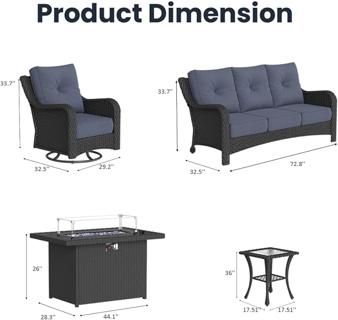 5 Pieces Outdoor Patio Furniture Sets with Rocking Swivel Chairs with 6-inch Thick Cushion and Fire Pit Table for Deck Lawn-VerdiqueGarden