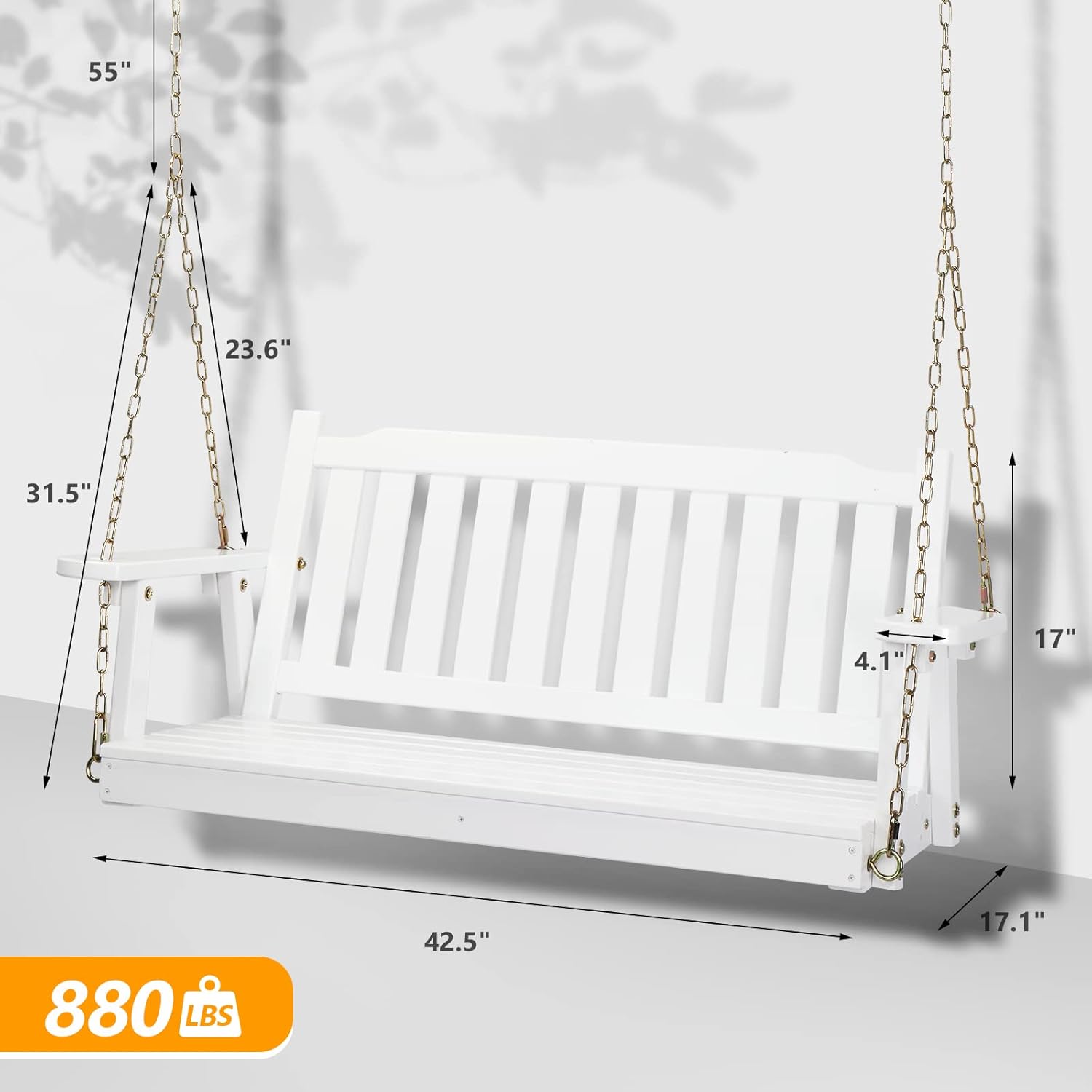 VINGLI Heavy Duty 880 LBS 4 FT Outdoor Porch Swing, Patio Hanging Swing Bench for Yard, White-VerdiqueGarden