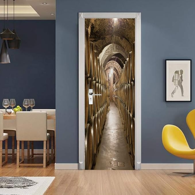 3D Door Stickers Murals Peel and Stick - Wine Cellar Wallpaper Self-Adhesive Decals - Removable PVC Waterproof Poster for Bedroom Living Room 35.4" x 78.7"-VerdiqueGarden