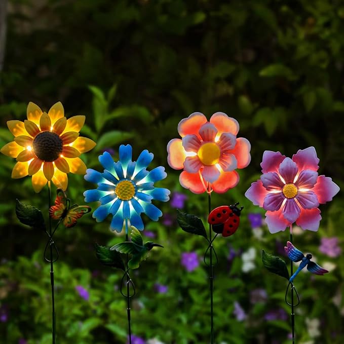 4 Pack Outdoor Solar Lights,Outdoor Waterproof Metal Art Stick Flowers,Garden Decor for Women Mom Grandma Halloween Hanging Metal Stakes Lights for Garden,Lawn,Patio-VerdiqueGarden