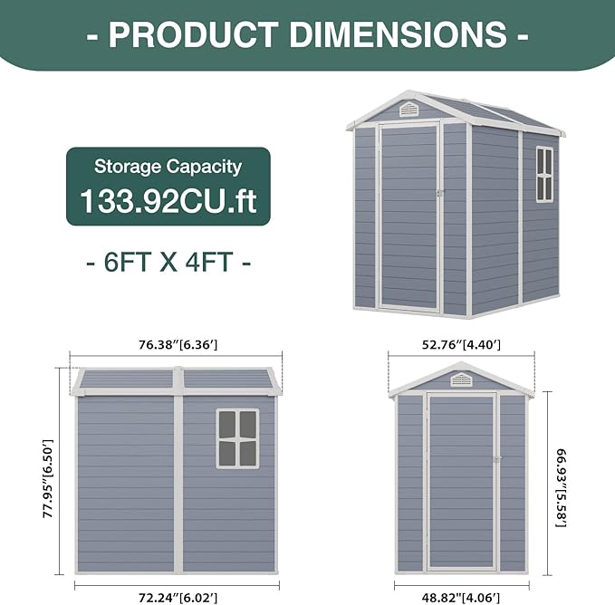 Storage Shed Plastic Outdoor Storage Shed Waterproof Container House with Lockable Door and Transparent Window for Garden, Lawn, Backyard, Patio (6x4FT)-VerdiqueGarden