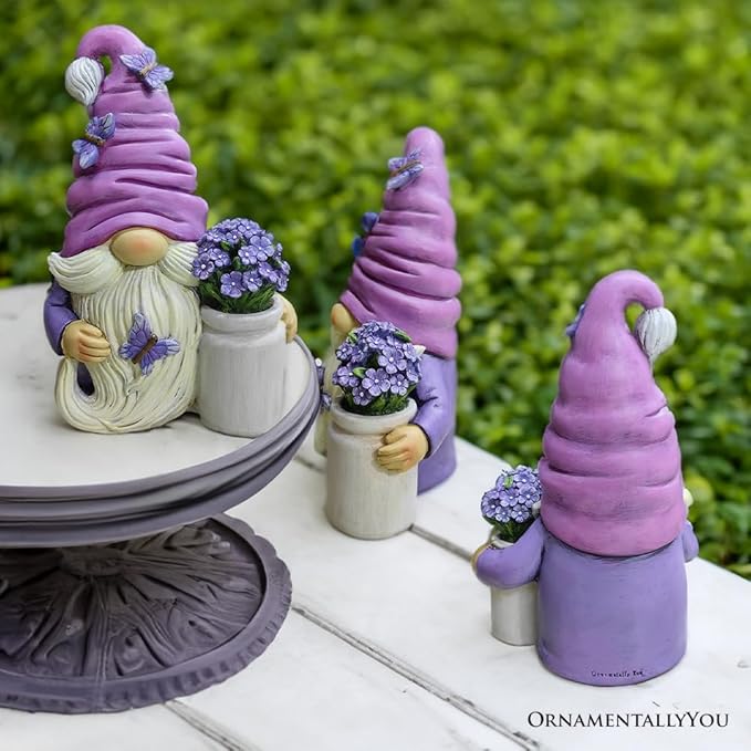 Garden Grace Lavender Gnome Figurine, 10" Purple Home Decor Statue with Butterflies and Flowers-VerdiqueGarden