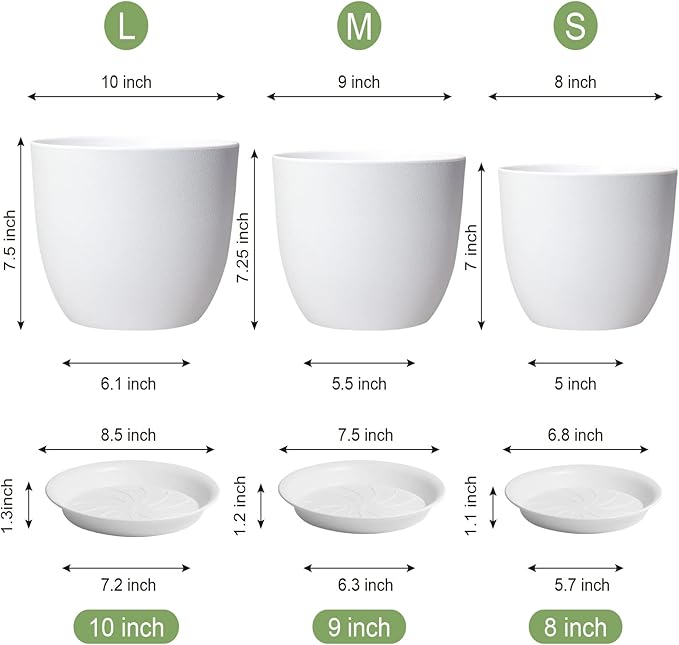 10/9/8 inch Medium Flower Pots, 3 Pack Modern Decorative Plastic Planters with Drainage Holes and Tray, Plant Pots for Indoor Outdoor Plants, White-VerdiqueGarden