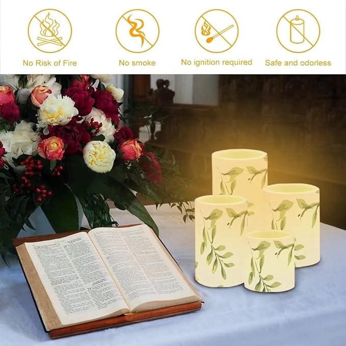 Green Leaves Flameless Candles Battery Operated Candles Set of 4 with 18-Key Remote Control Timer Dancing Flame Pillar Candles for Home Beach Hotel-VerdiqueGarden
