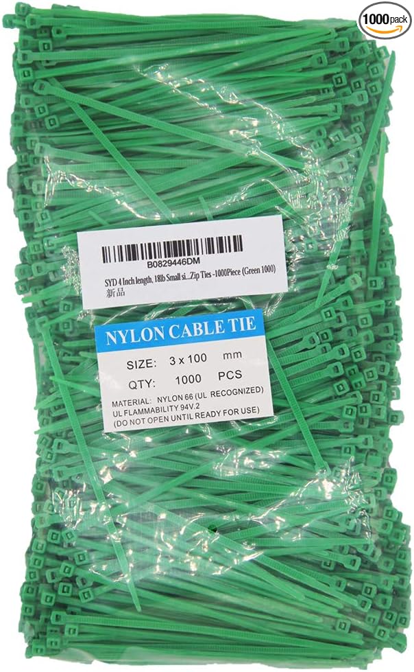 4 Inch Green Zip Ties (1000 Pieces), 18lb Strength, Nylon Cable Wire Ties