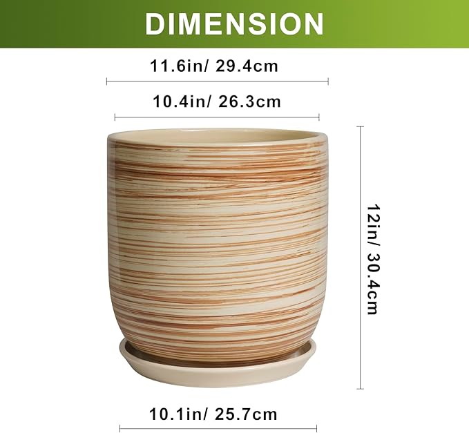 12 Inch Pots for Plants - Ceramic Planters for Indoor Plants, Large Planter Pot for Home Garden Patio Office with Drainage Hole Cylinder Flower Pot Yellow-VerdiqueGarden