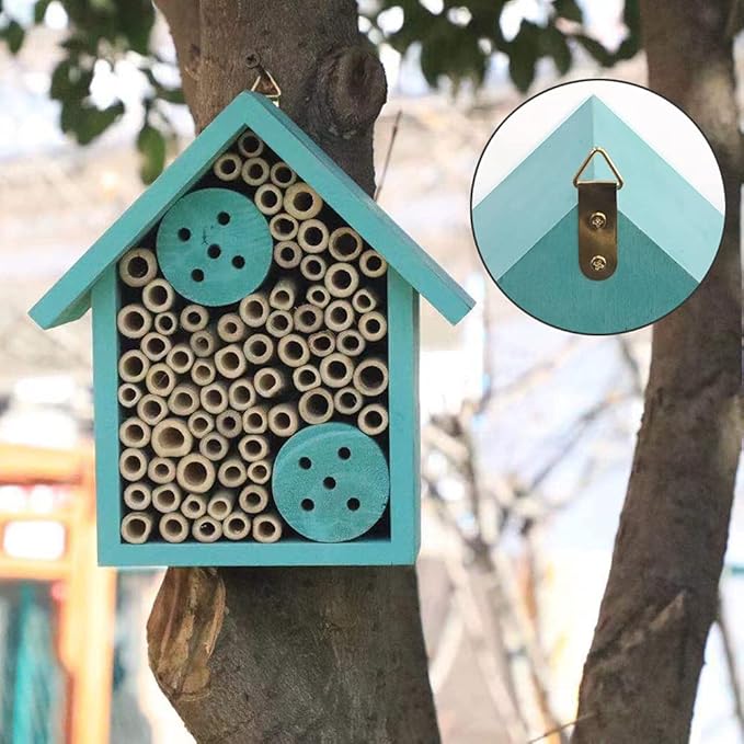 Mason Bee Houses Outdoor Wooden Blue Bee Hotel for Garden and Yard Hand-Made Bamboo Bee Hive for Bees Butterflies and Ladybugs, Medium Size 8"x7.5"x5"-VerdiqueGarden