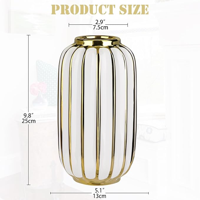 Briful Gold Plated Lantern Ceramic Vase Home Decor Creative Design Porcelain Decorative Flower Vase 11.02'' White Ceramic Vases for Wedding Anniversary Decoration-VerdiqueGarden