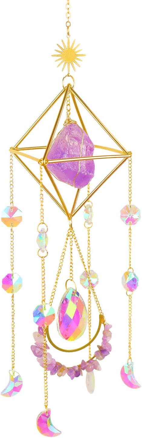 Suncatcher Amethyst Crystal Boho Decor, Spiritual, Purple Gemstone Sun Catcher Hanging for Windows, Rainbow Maker, Crystal Boho Hanging, Natural Stone (Amethsyt)-VerdiqueGarden