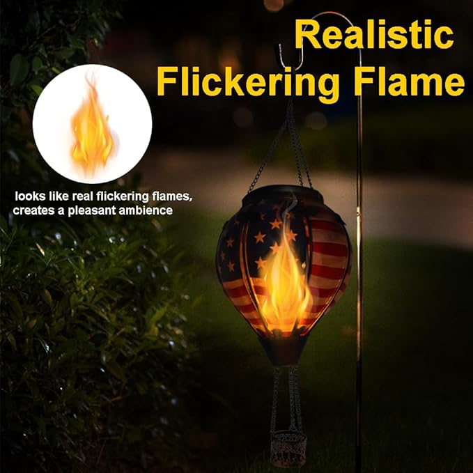 Hot Air Balloon Solar Lantern with Flickering Flame, Glass Hanging Garden Lights Outdoor Waterproof for Tree Yard Patio Mother's Day Gift, 18" H Flag-VerdiqueGarden