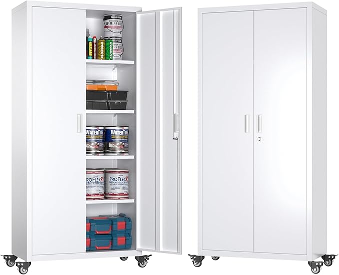 73" H Metal Garage Storage Cabinet with Wheels,Rolling Tool Storage Cabinet with 2 Doors and 4 Adjustable Shelves for Garage,Home,Office,Warehouse,Workshop, Required-Assembly,White-VerdiqueGarden