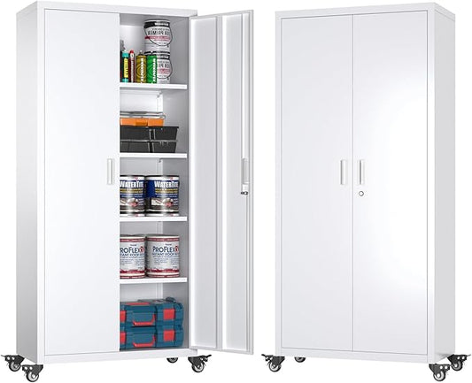 73" H Metal Garage Storage Cabinet with Wheels,Rolling Tool Storage Cabinet with 2 Doors and 4 Adjustable Shelves for Garage,Home,Office,Warehouse,Workshop, Required-Assembly,White-VerdiqueGarden