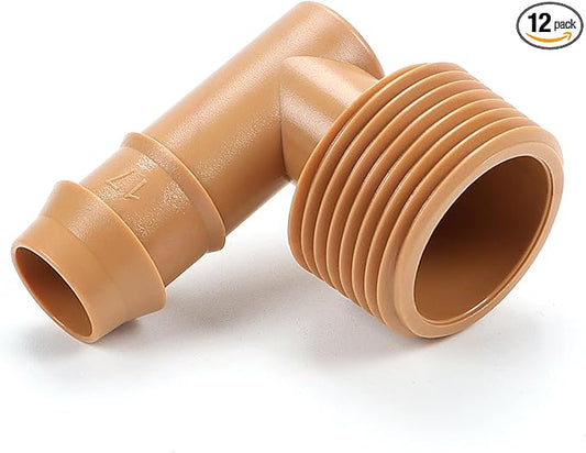 12 Pieces 3/4 Inch PVC to 1/2 Inch Drip Irrigation Adapter Fittings, 3/4" Male Pipe Thread(MPT) x 1/2" Drip Line Barbed Elbow Connectors 3/4-in PVC to 1/2-in Poly Tubing Adapter-VerdiqueGarden