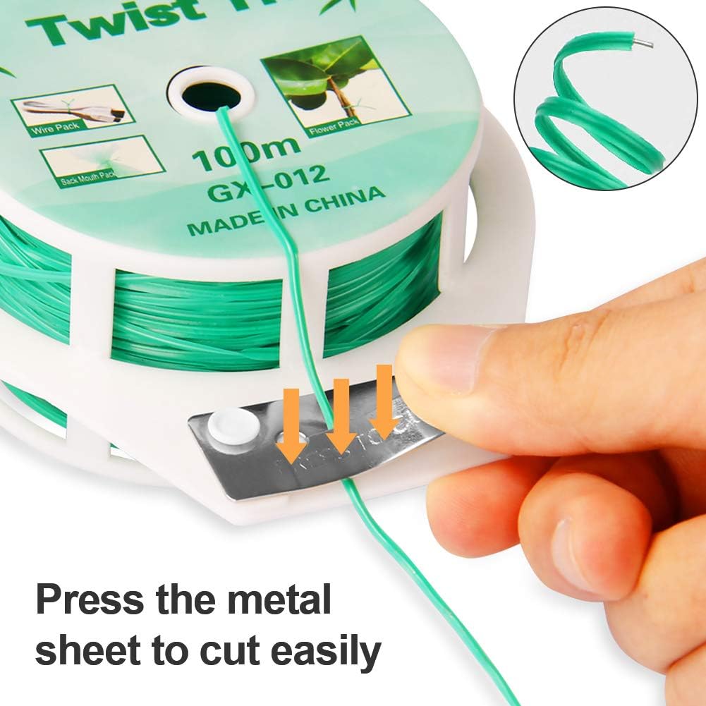 (2 Reels) Garden Wire, Twist Ties Heavy Duty with Cutter 328 Ft Multi-Function Green Coated Tape to Support Plant Tie Up Bags for Home Office (328 Feet / 100 m)-VerdiqueGarden