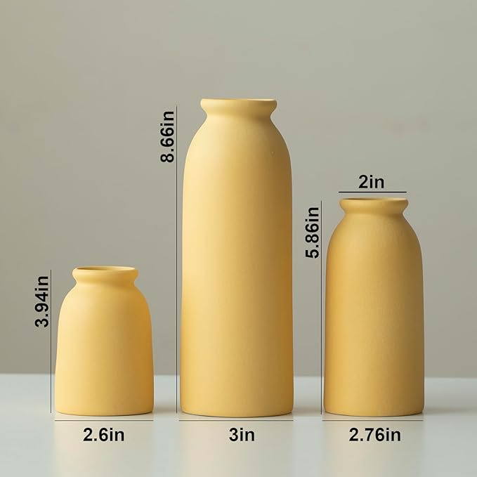 Ceramic Vase Set-3, Small Flower Vases for Decor, Modern Boho Farmhouse Style, Decorative Vases for Pampas Grass & Dried Flowers, Distressed Finish (Yellow)-VerdiqueGarden