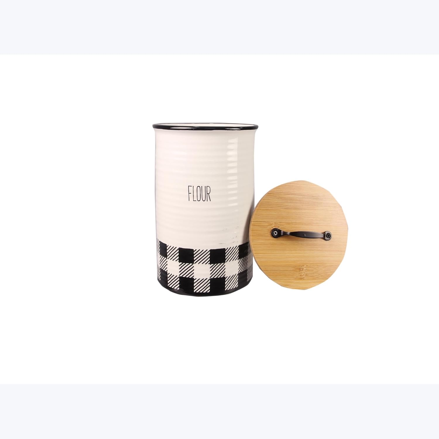Young's Inc. 4 Pcs Set Plaid with Bamboo Lids Ceramic Canisters- Storage Container for Kitchen and Bathroom - Beautiful Home Decor Accent to Store Food, Coffee, Tea, and More - Black, White-VerdiqueGarden