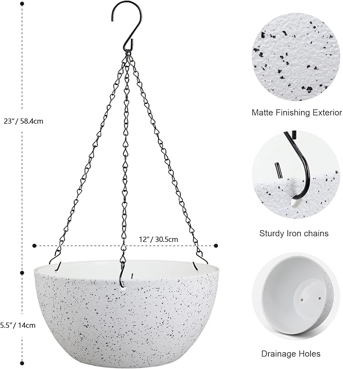 12 inch Large Hanging Planters for Indoor Outdoor Plants, 2 Pack Hanging Flower Pots with Drainage Holes and Chain for Garden Porch, Plastic Hanging Baskets for House Plants, Speckled White-VerdiqueGarden