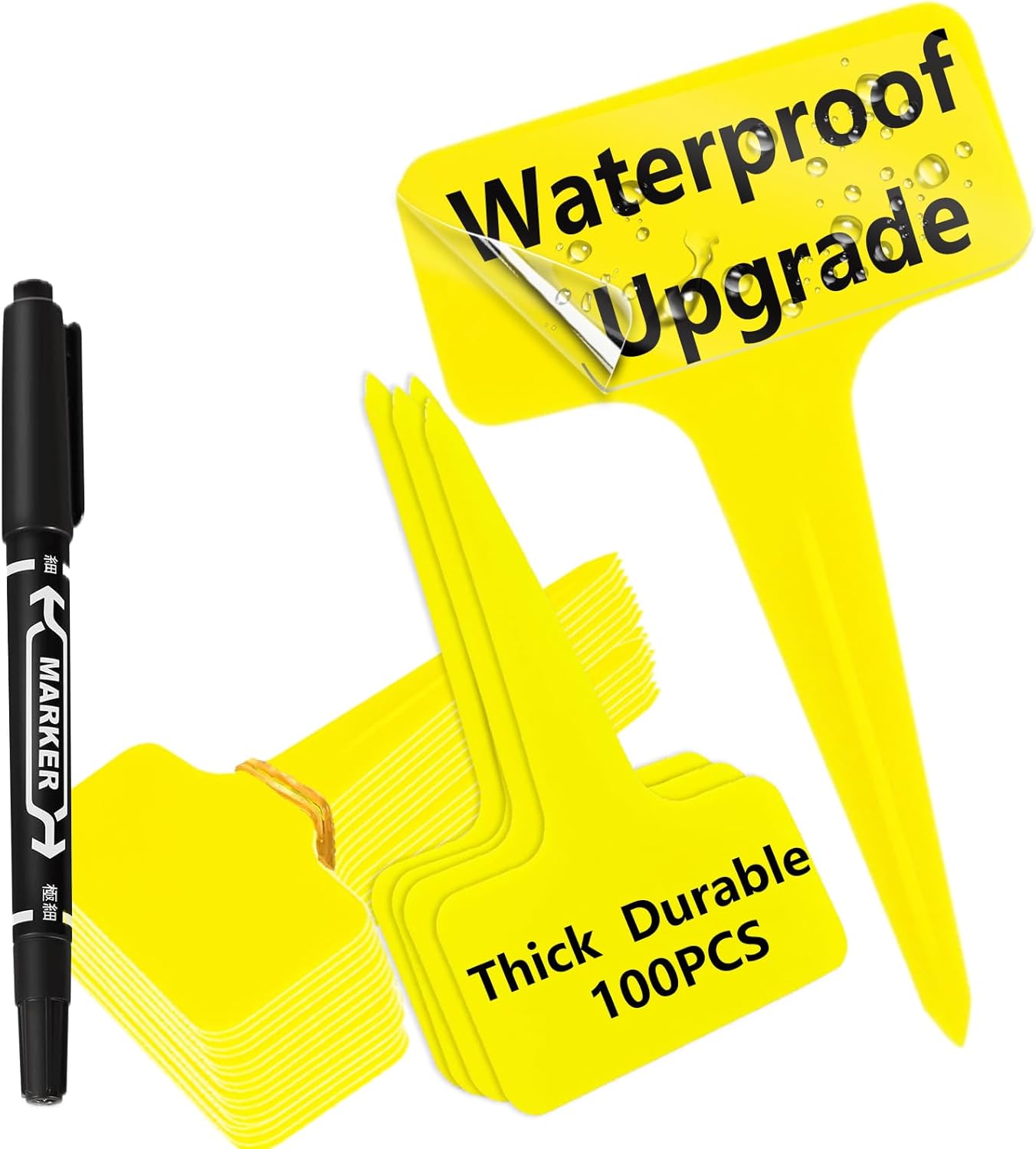 100 Pcs Yellow Thick Plastic Plant Labels Markers Tags Garden Re-Usable T-Type Sign with Marking Pen-VerdiqueGarden