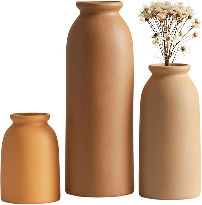 Ceramic Vase Set-3, Small Flower Vases for Decor, Modern Boho Farmhouse Style, Decorative Vases for Pampas Grass & Dried Flowers, Distressed Finish (Earth Tone)-VerdiqueGarden