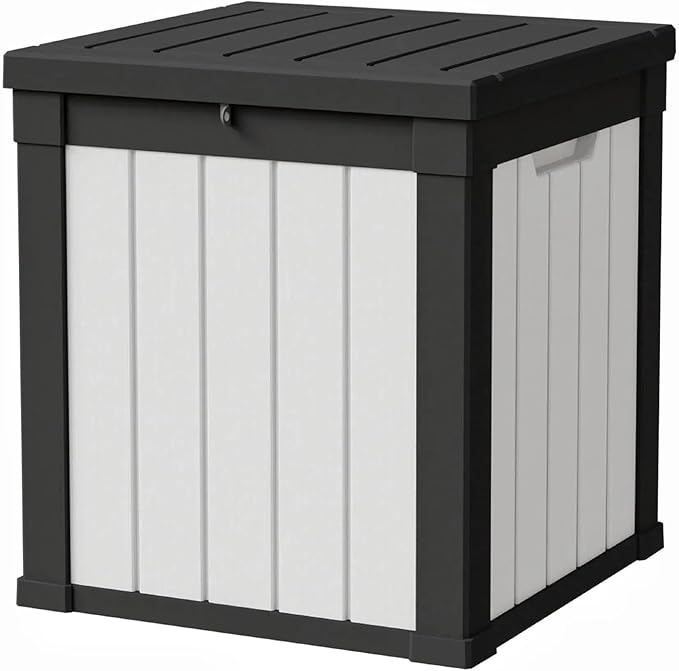 50 Gallon Storage Box, Waterproof Deck Box for Indoor & Outdoor Use, Lockable Pool Storage Bin for Package Delivery, Outdoor Bench for Patio Cushions, Garden Tools, Backyard, Black & White-VerdiqueGarden