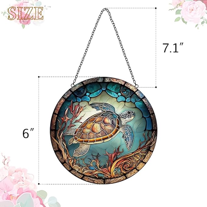 Sea Turtle Decor Suncatcher Stained Glass Window Hanging - Handmade Stained Glass Suncatchers Hangings with Hooks - Sea Art Glass Outdoor Garden Decor Gift for Women Him Valentines Day Birthday Gifts-VerdiqueGarden