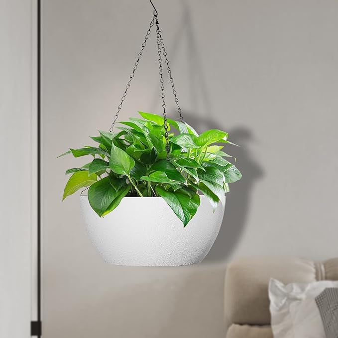 10 inch Hanging Planters for Outdoor Indoor Plants with Drainage Holes and Chain, 2 Pack Round Hanging Flower Plant Pots for Garden Home Porch Decor, White-VerdiqueGarden