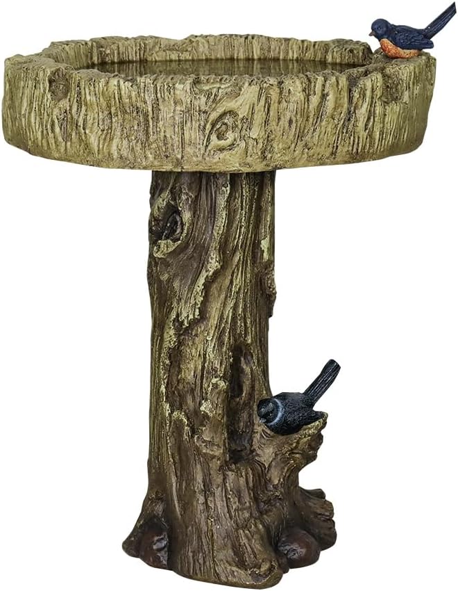 SKYFIRE 24.4” H Fibre Reinforced Concrete Outdoor Garden Bird Bath with Birds, Woodland Tree Trunk Decoration Yard Statue，Pedestal Birdbaths for Outdoors, Garden, Patio, Lawn, Backyard-VerdiqueGarden