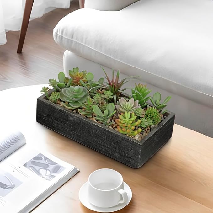 Artificial Succulent Plants in Pot 10 Inch Fake Succulent Arrangement Potted Succulents Plants Centerpiece in Rectangular Wooden Planter for Home Office Desk Shelf Living Room Bedroom Farmhouse Decor-VerdiqueGarden
