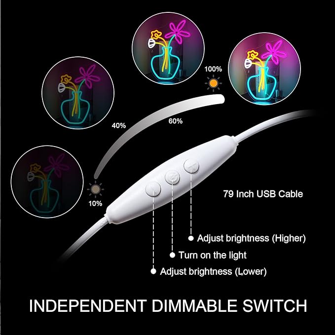 Flower Vase Neon Sign,Dimmable Neon Lights,Neon Flowers Sign for Wall Decor,Anime Flower Shape USB Connectivity Light Up Neon for Kids Room Girls Room Bar Birthday Party-VerdiqueGarden