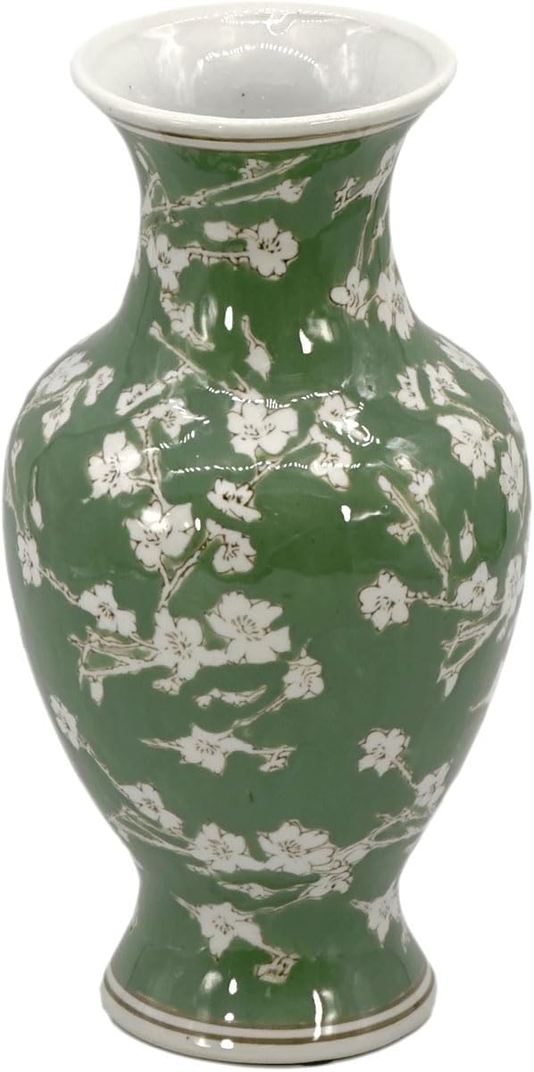 Galt International Floral Chinoiserie Ceramic Vase 14" - Green Sakura Hand Painted Antique Style Porcelain Flower Bottle Fishtail Porcelain Chinese Vase for Home Decor Centerpiece-VerdiqueGarden