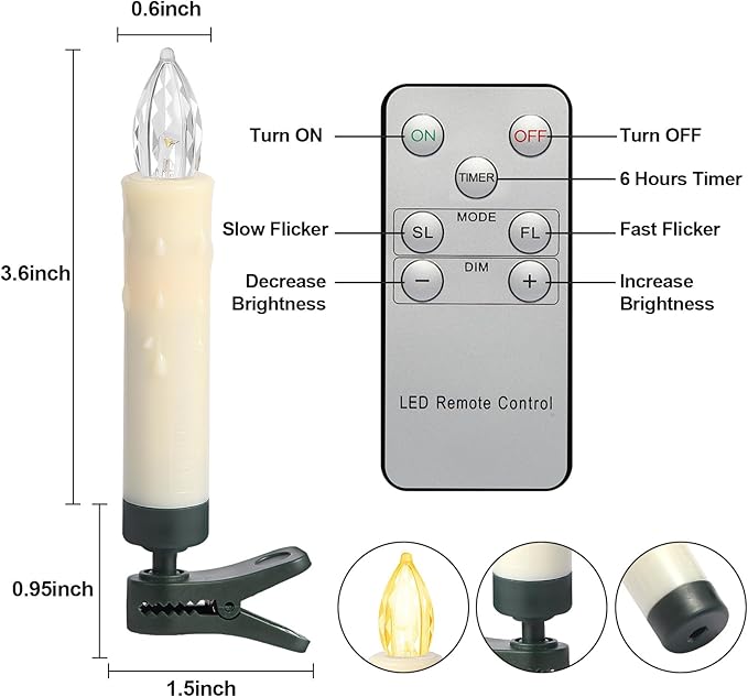 LED Christmas Candles, Flickering Clip on Candles for Christmas Tree, Battery Operated with Remote Timer, Warm White Light, Flameless Taper Candles for Home Christmas Decor, Set of 30-VerdiqueGarden