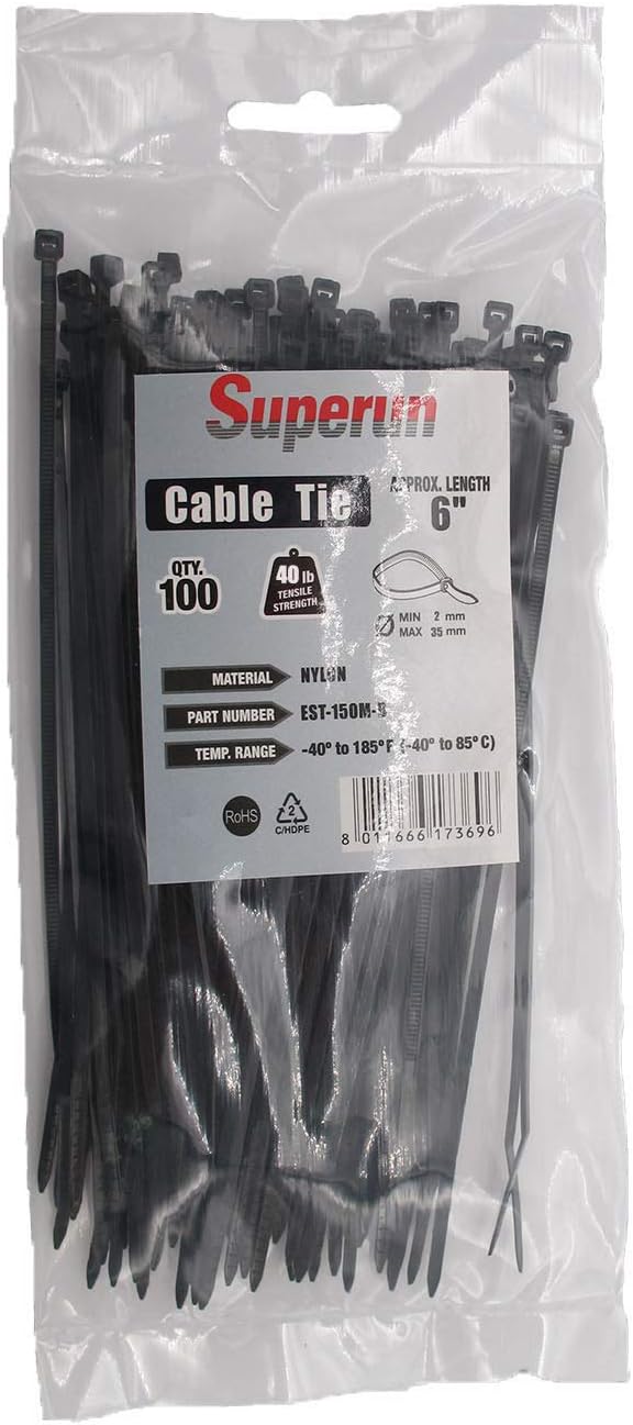 Superun Black Zip Ties 6 Inch, 40 Lbs Tensile Strength Wire Ties (Industrial Grade Cable Ties) Pack of 100-VerdiqueGarden