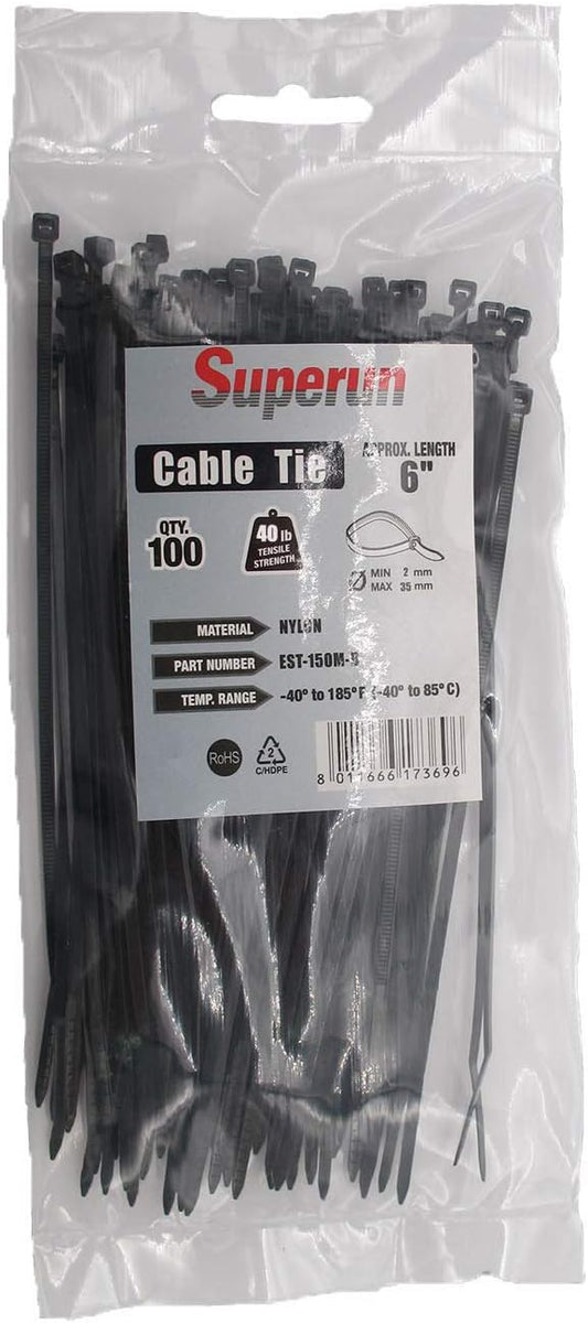 Superun Black Zip Ties 6 Inch, 40 Lbs Tensile Strength Wire Ties (Industrial Grade Cable Ties) Pack of 100-VerdiqueGarden