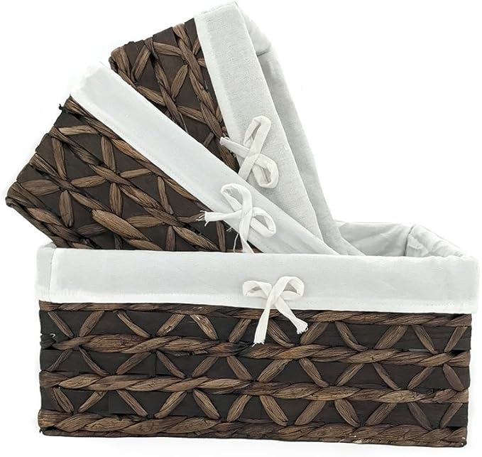 Basket of Rectangular Woven Seagrass Storage Bin with Handle,Kingwillow. (Wood&water hyacinth, Set of 3)-VerdiqueGarden