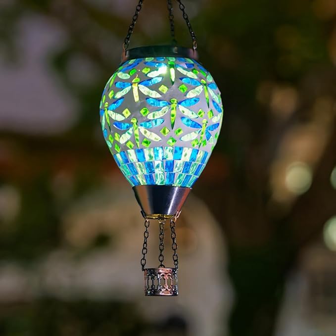 Starsoul Mosaic Dragonfly Hot Air Balloon Solar Lantern Glass Outdoor Hanging Hot Air Balloon Solar Flickering Flame Light Waterproof Garden Patio Yard Party Decorations-VerdiqueGarden